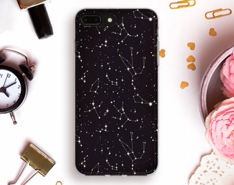 Custodia per iPhone 11 Pro XR XS nera, custodia notturna per iPhone 8+ Galaxy S10 Pixel 4 con stelle, zodiaco, astrologia, donne e costellazioni.