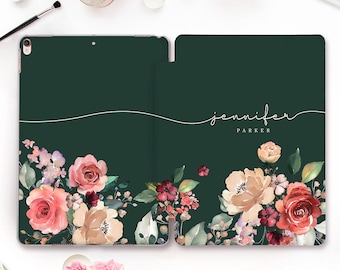 Floral iPad case Custom name iPad 10th 9th Air 5th iPad Pro 13 12.9 11 10.2 10.9 Mini 7 Aesthetic rose flowers Personalized dark green case