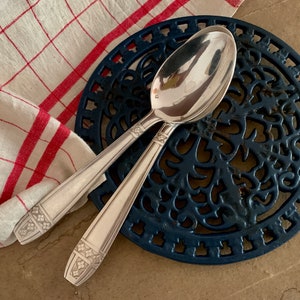 Vintage Cast Iron Navy Blue Trivet Enamel Round Trivet French Antique Blue Trivet Chippy Enamel