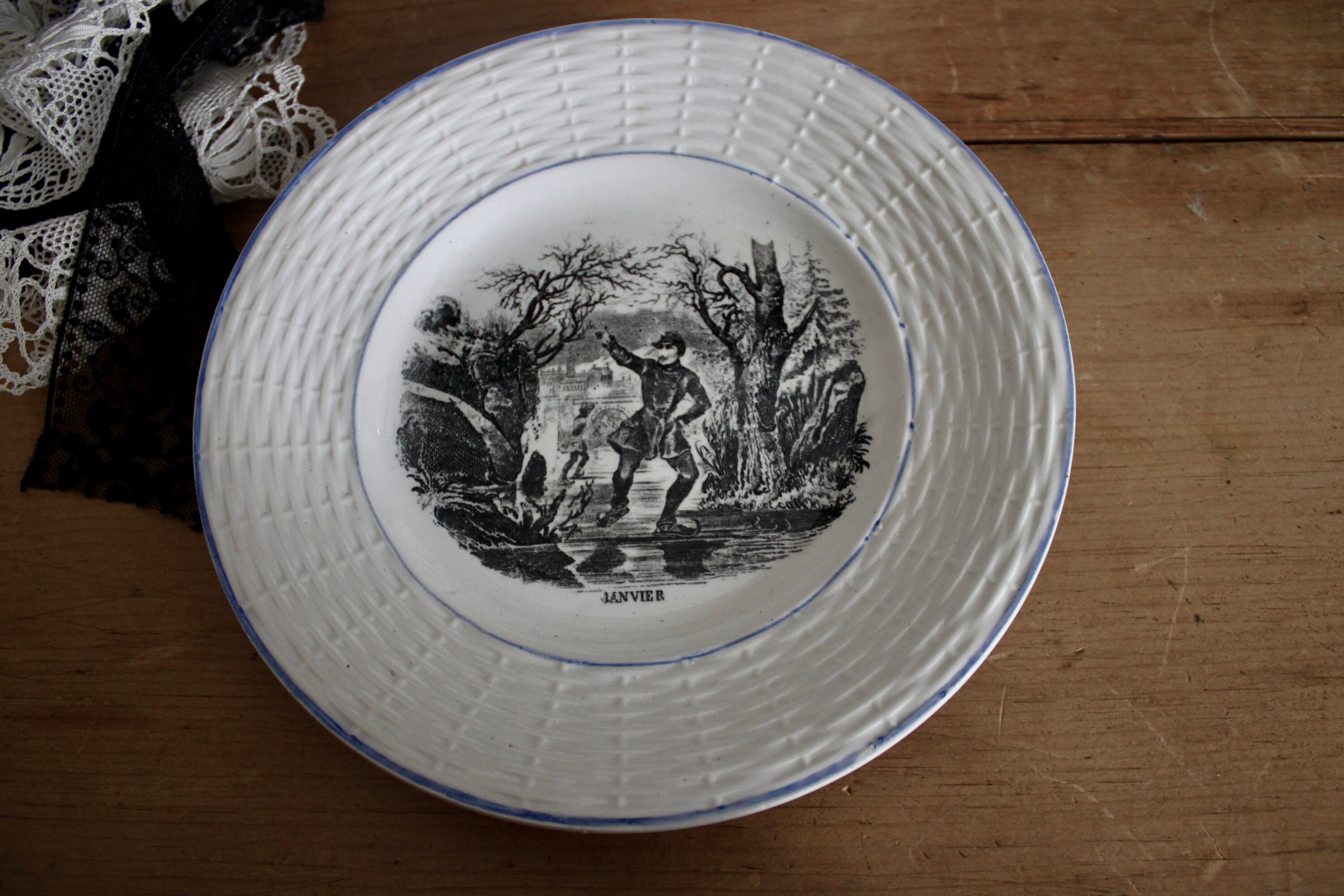 12 Français Antique Digoin Plaques Rebus Picture Puzzle Plates Noir & Blanc Plaques