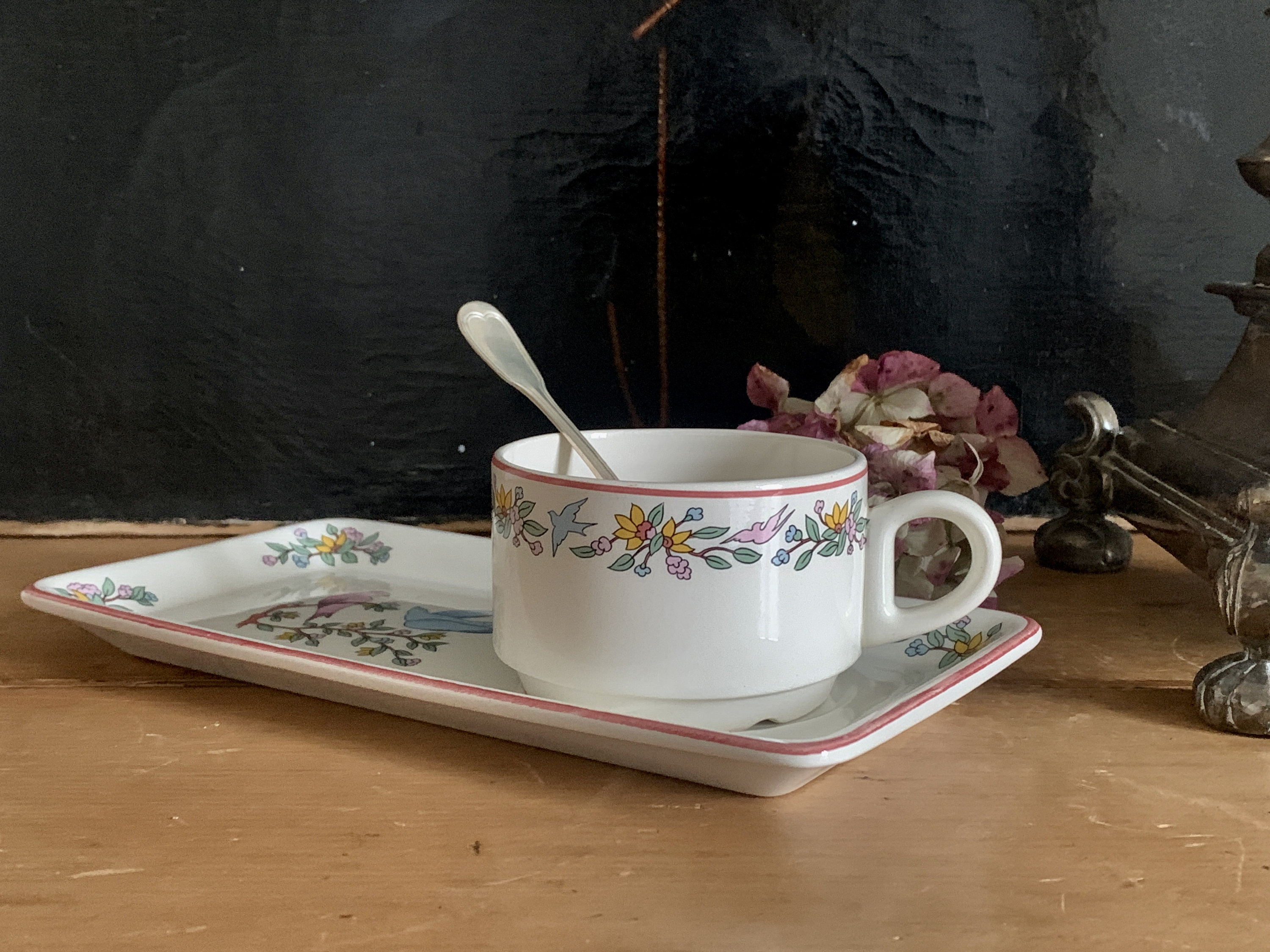 Thé Gien Vintage ou Tasse de Chocolat avec Fleurs et Oiseaux Ensemble Petit-Déjeuner Tasse Soucoupe