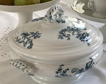 Antiekblauwe transferware soepterrine - Badonviller Regent-patroon