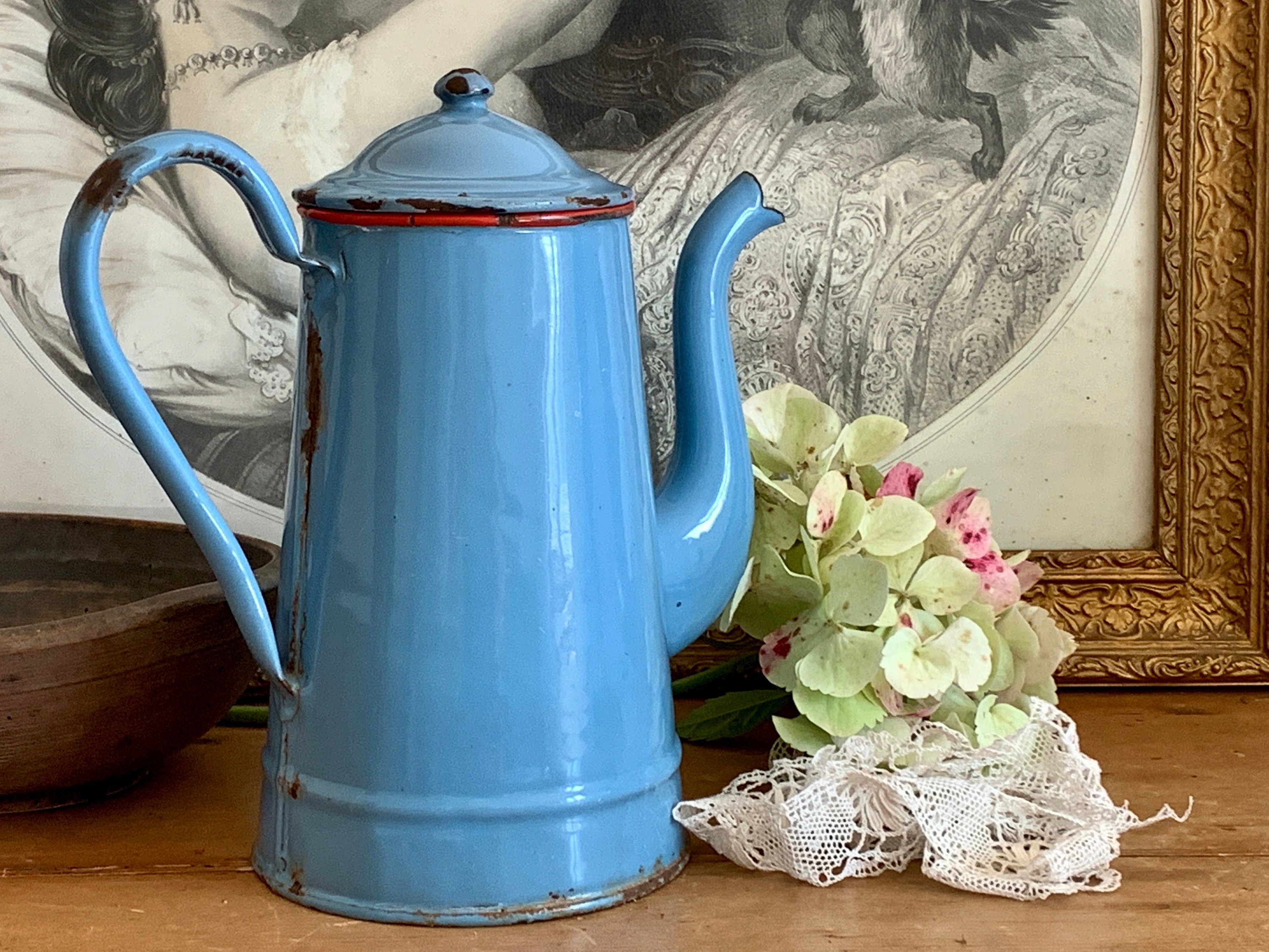 Vintage Français Blue & Red Émail Cafetière Chippy Cuisine de Campagne