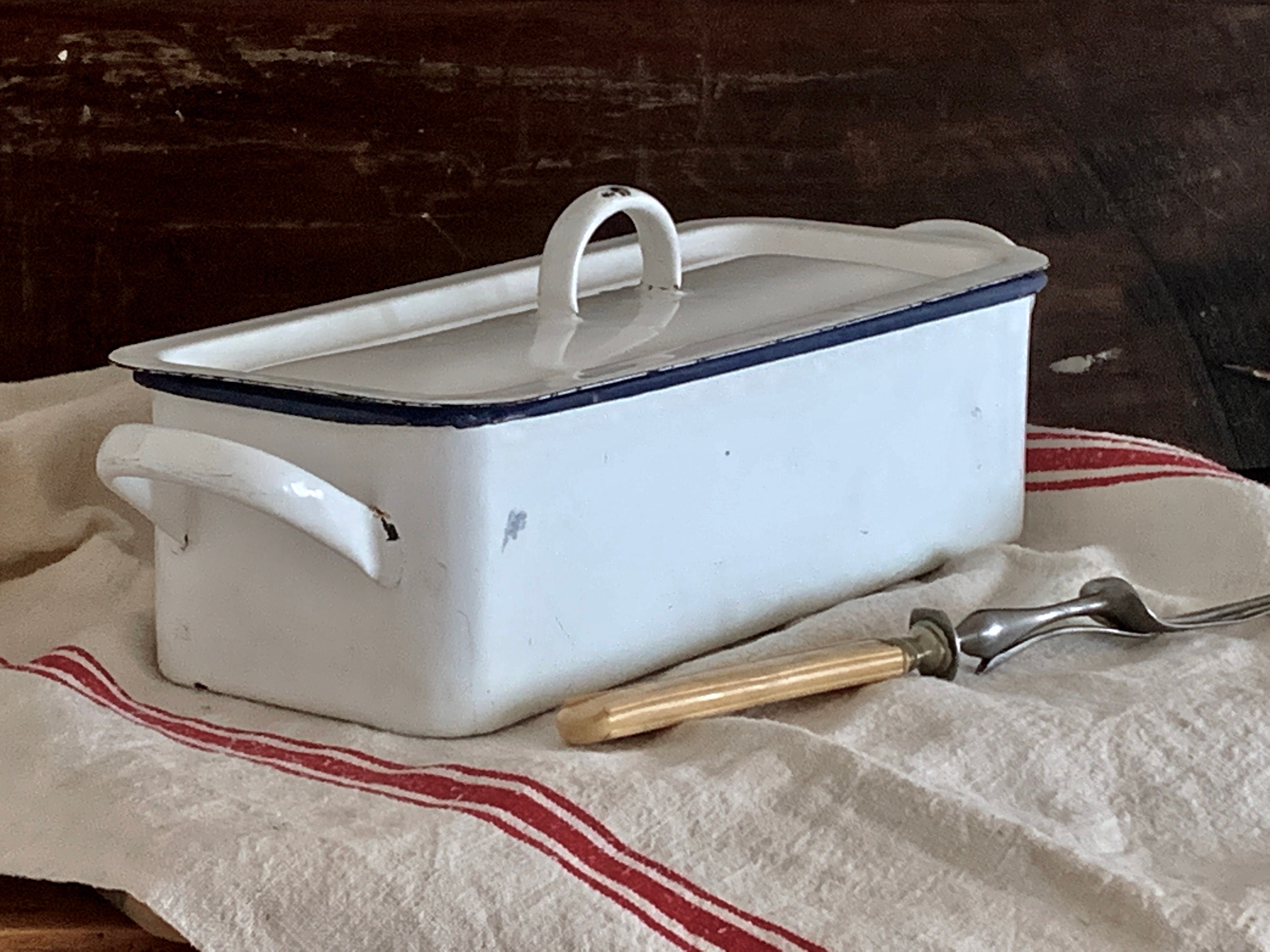 Français Vintage Émaillé Poisson Bouilloire Vapeur Braconnier Pan Blanc et Bleu Chippy Émaillé