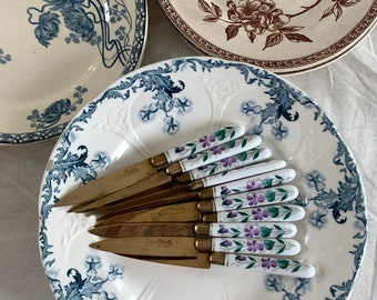 Antique Porcelain And Brass KnivesWith Flowers Cheese Knives Or Fruit Cutlery Set