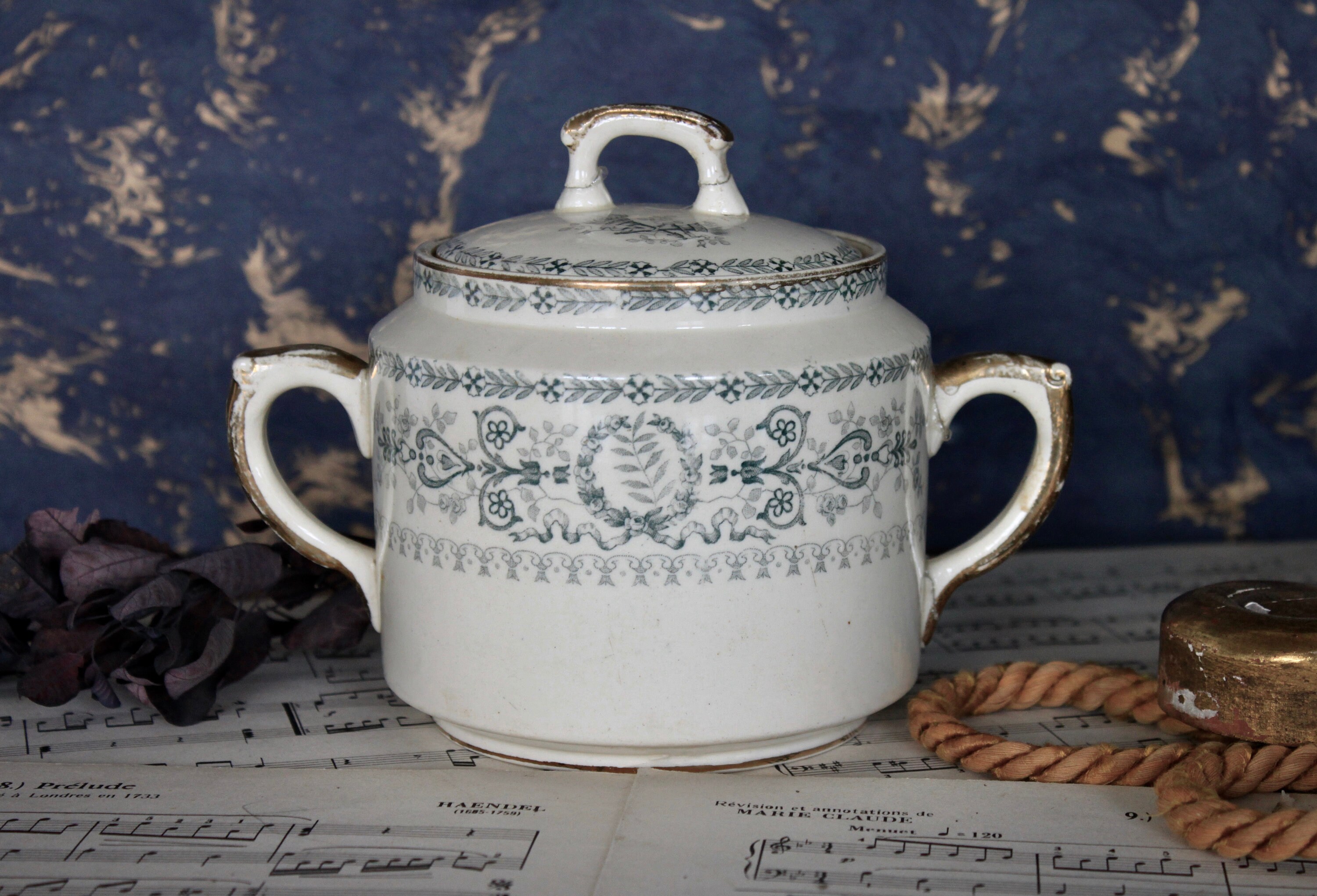 Bol à Sucre Antique Français Blue Transferware avec Couvercle Shabby Bowl