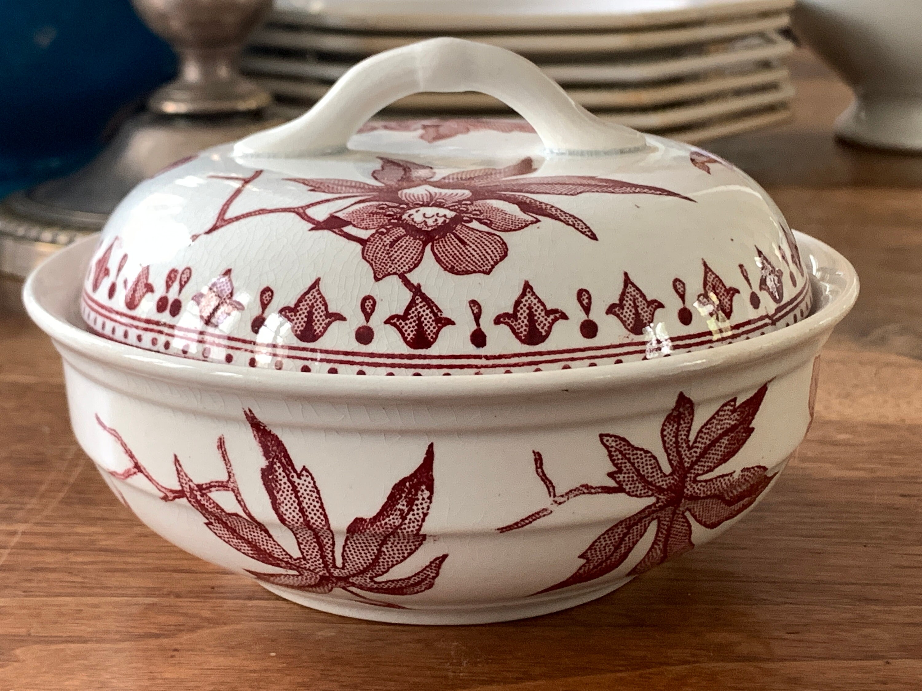 Vintage French Tureen With Lid Red Transferware Antique Bowl Etsy