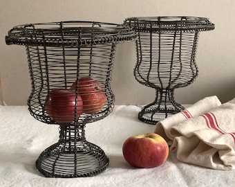 Antique French Wire Pedestal Basket Wire Medici Basket Vintage Centerpiece
