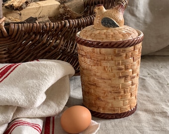 Tarro de mayólica francés vintage con tapa, diseño de gallina anidada, para guardar utensilios de cocina.