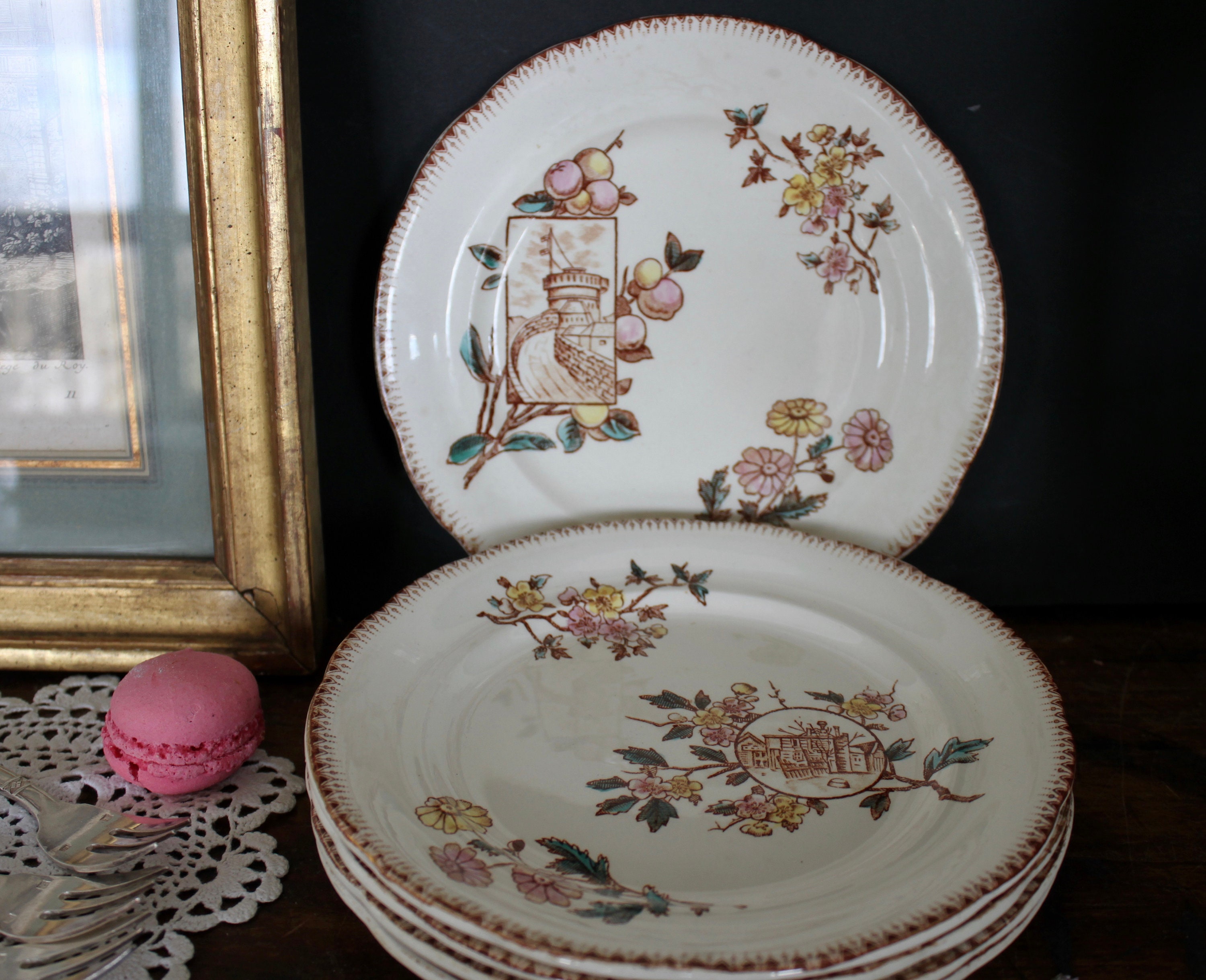 Ensemble de 3 Français Antique Choisy Le Roi Plaques Polychrome Plate Floral Decor 1875