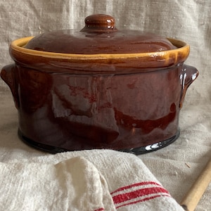Vintage French Round Terrine With Lid Primitive Brown Glazed Terrine