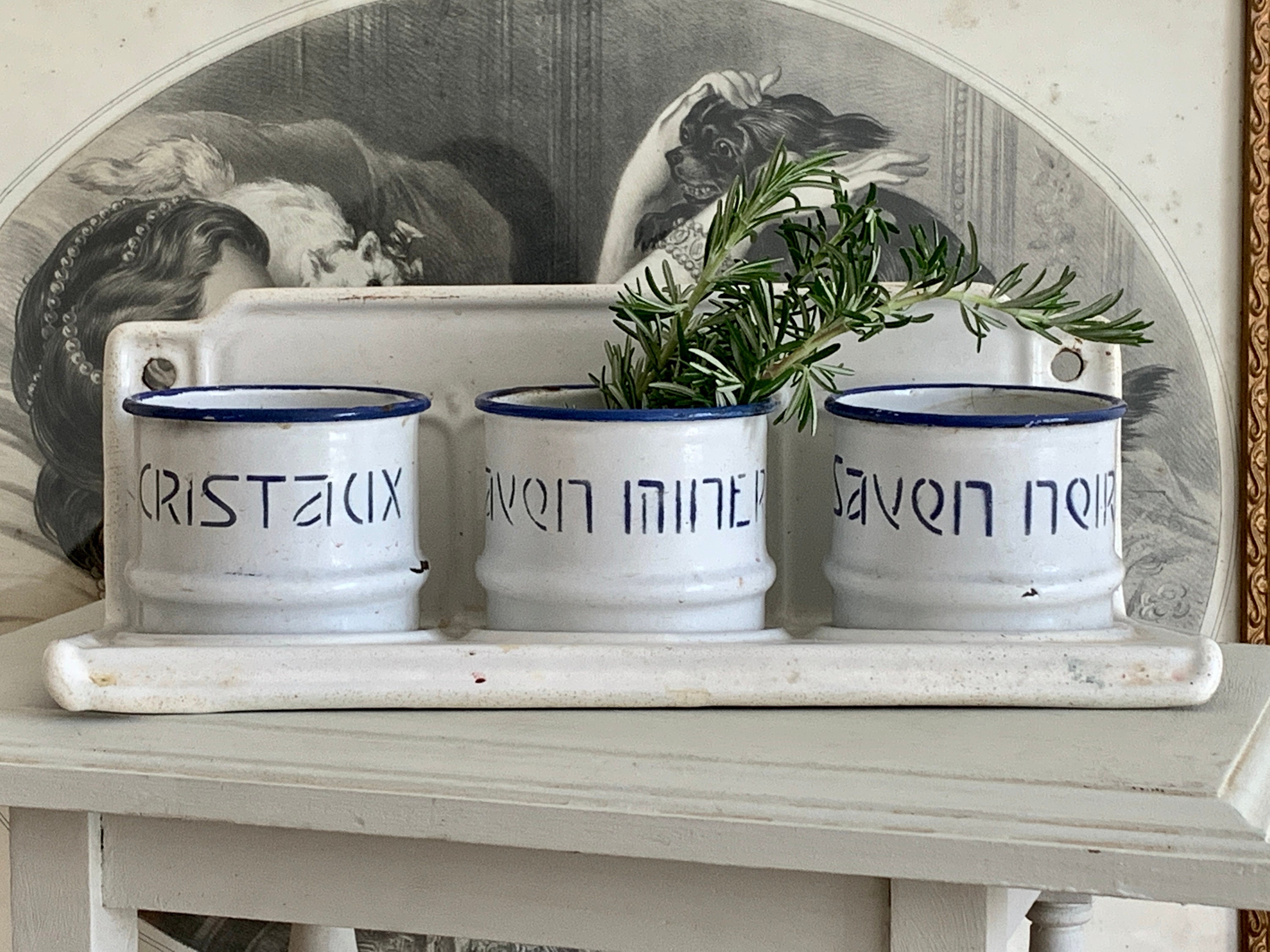 Anciens Français en Émail Savons à Lessive Set White &blue Soaps Organisateur Chippy Rustic Farmhous