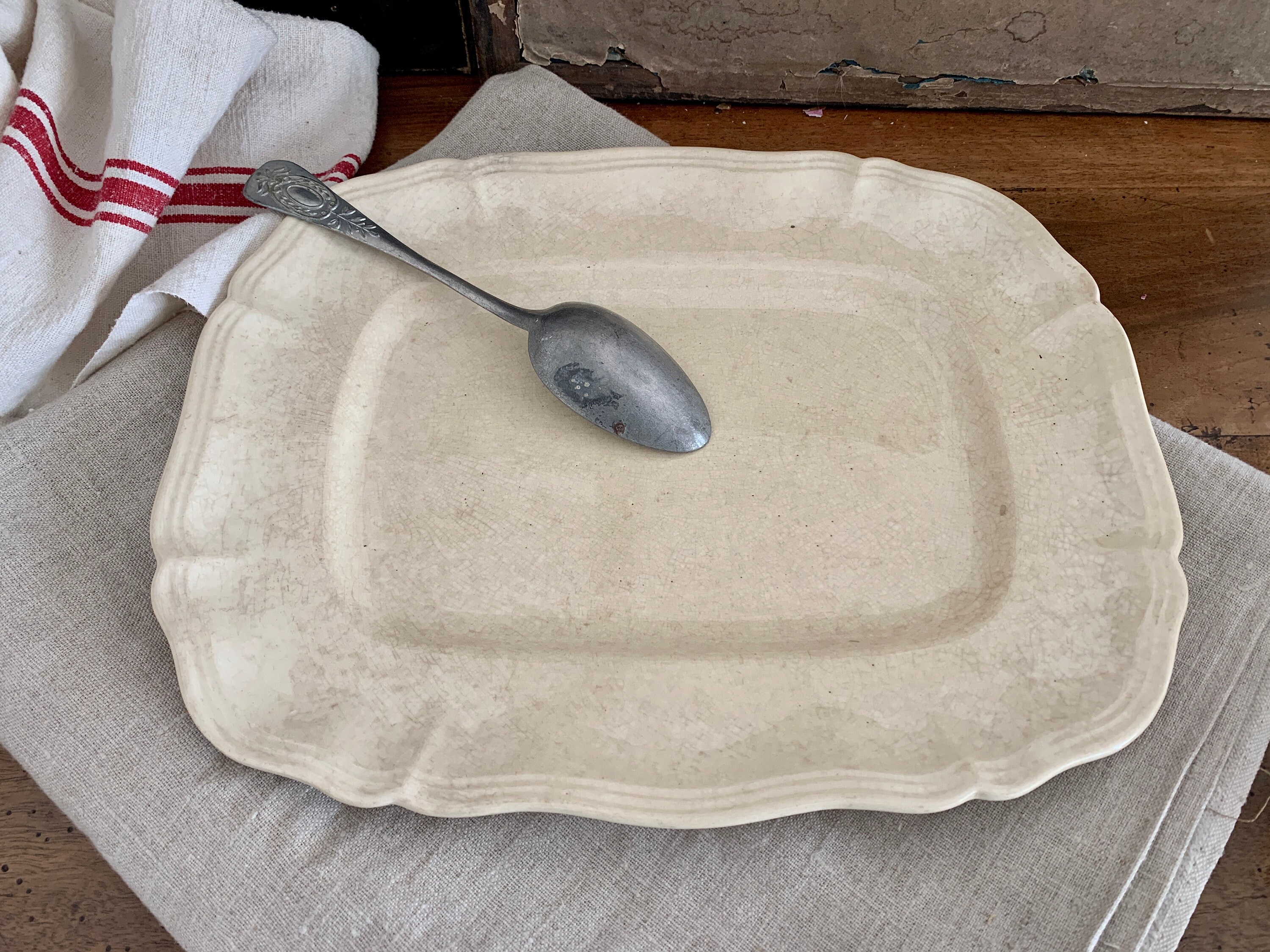 Français Antique Sarreguemines Rectangulaire Blanc Ironstone Assiette Creamware Plat