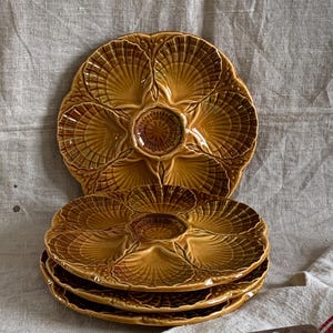 Vintage Sarreguemines Majolica Oyster Plates - Set of 4 - French Seafood Dishes