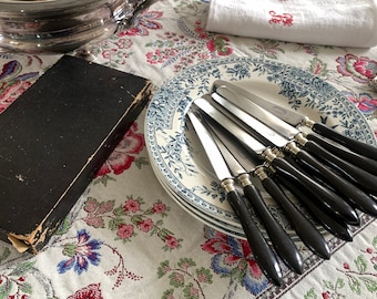 Antique French Cake Knives Set: Black Bakelite Handles, Silver Collar - Boxed