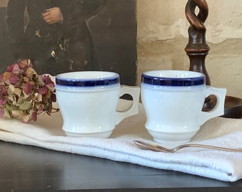 Set of 2 Antique French Bistro Brulot Coffee Cups Vintage Coffee Cup With Blue  Stripes