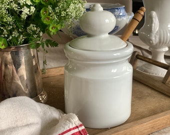 Vintage French White Olives Jar With Lid With Wooden Draining Spoon White Porcelain  Pickles Jar