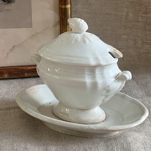 Antique French Creil&Montereau Mustard Pot with Lid: 19th Century Kitchen Decor