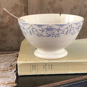 Antique French Blue & White Café Au Lait Bowl White Ironstone Bowl Blue Transferware French Cafe Au lait Bowl Latte Bowl