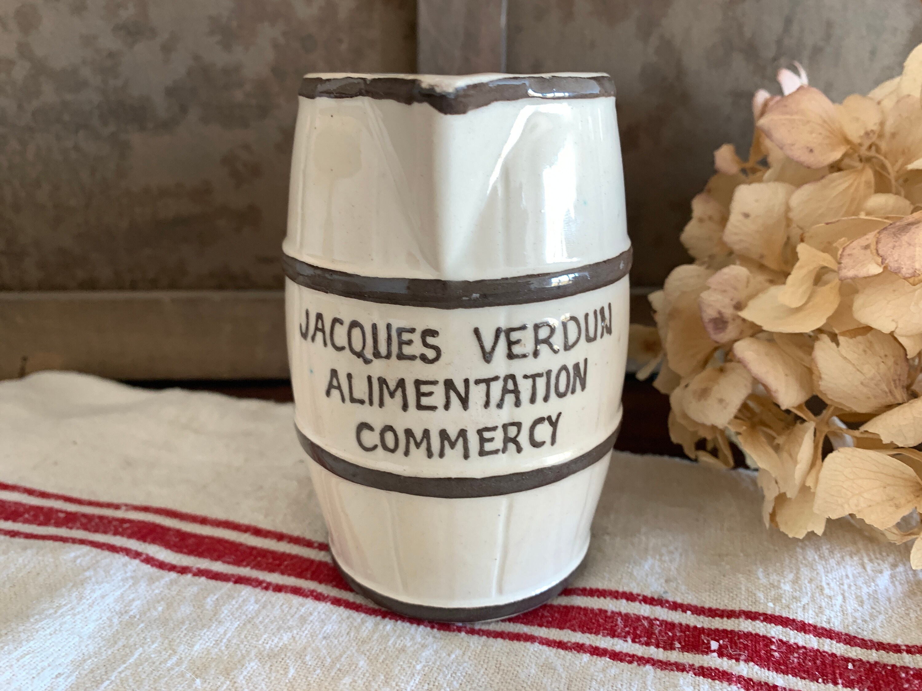 Antique Français Bistro Pitcher Wine Jug Creamware Signe