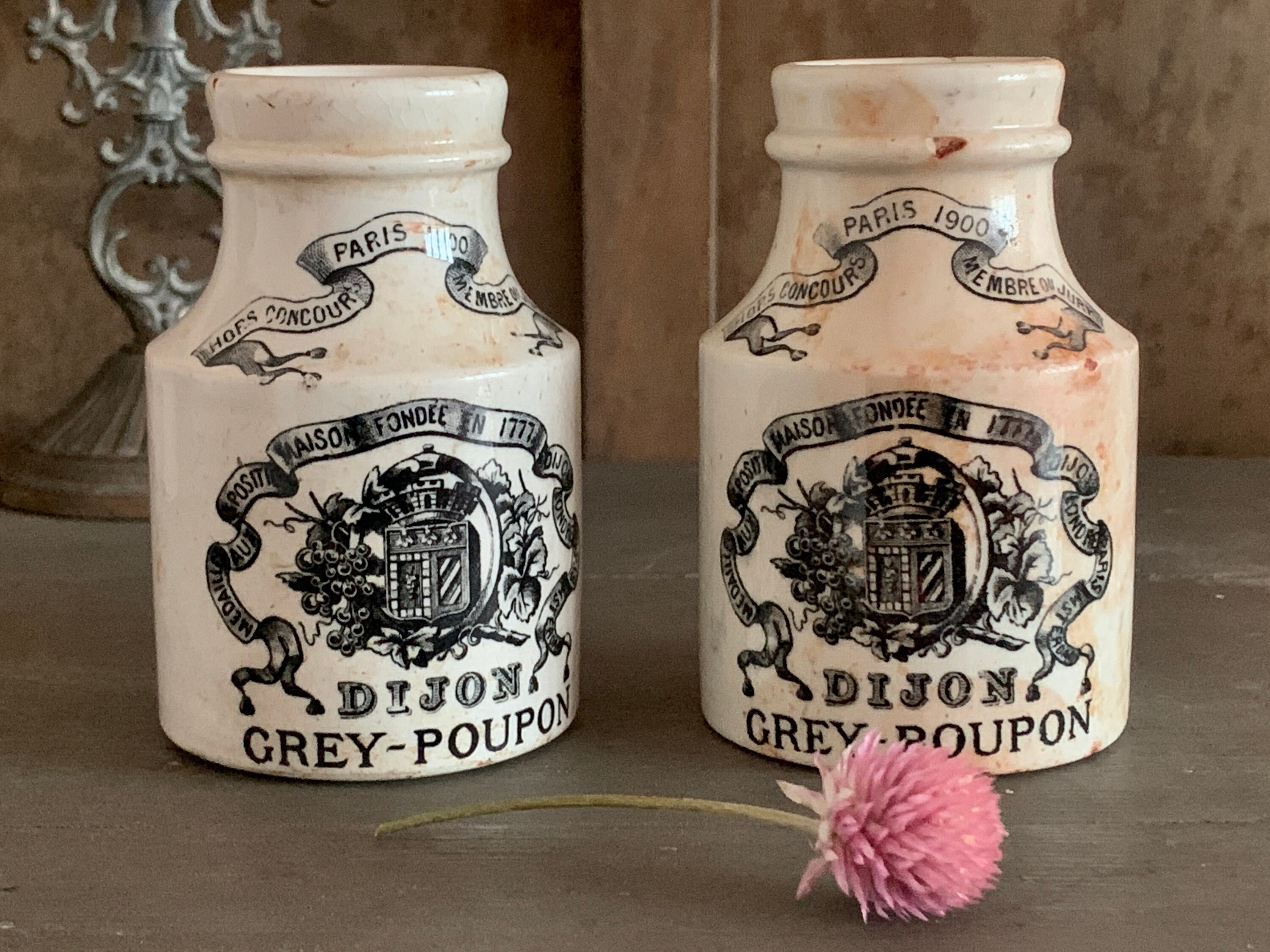 2 Antique Français Ironstone Mustard Jars Grey Poupon Digoin Vintage Grès Crock Ustensiles Jar