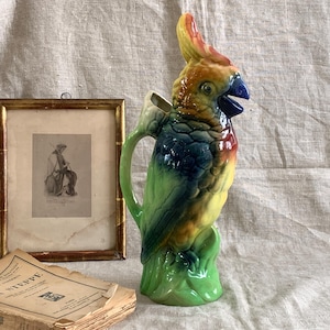 Pichet antique en majolique en forme de perroquet, France, cruche à cacaos en céramique, décoration champêtre française