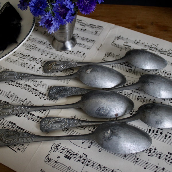 6 Antique French Pewter Spoons Old Cutlery Antique French Flatware