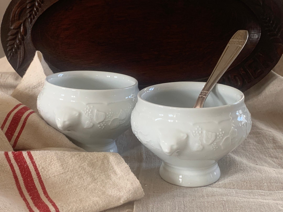 2 Vintage French Lion Head Soup Bowls White Ironstone Bowls French