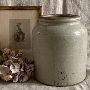 Antique French Stoneware Mustard Gray Pot Vintage Pottery Glazed Jar
