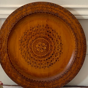 Vintage  French Hand Carved Wooden Board Folk Art Antique Round Plate