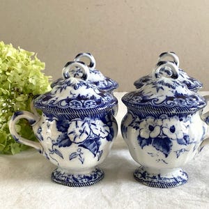 Pode incluir: Um conjunto de quatro potes de cerâmica branca com tampa e um padrão floral azul. Cada pote tem um corpo arredondado, uma base de pedestal, uma alça lateral e uma tampa removível com uma pequena alça em forma de laço no topo.
