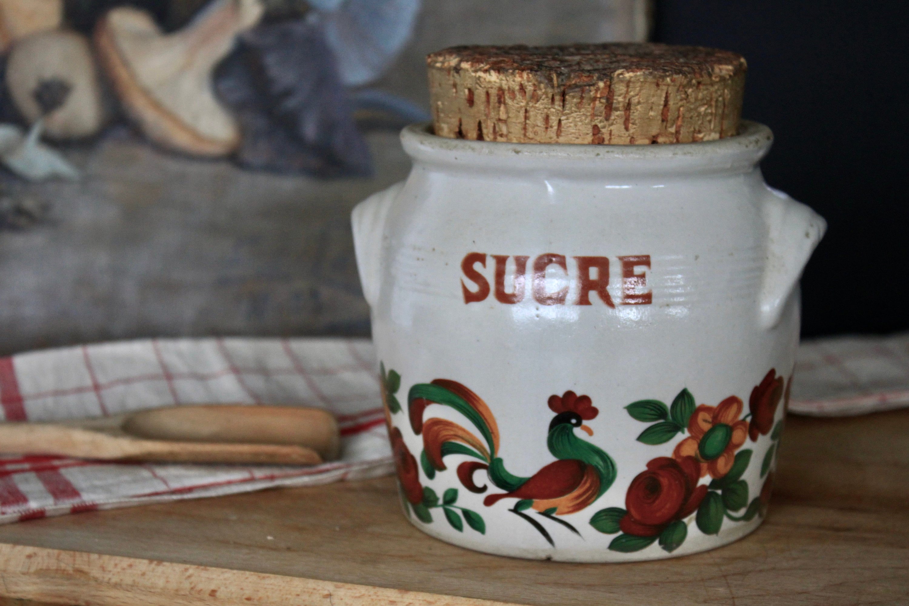 Français Vintage Stoneware Utensils Jar Français Crock Pot Rustic Sugar Jar