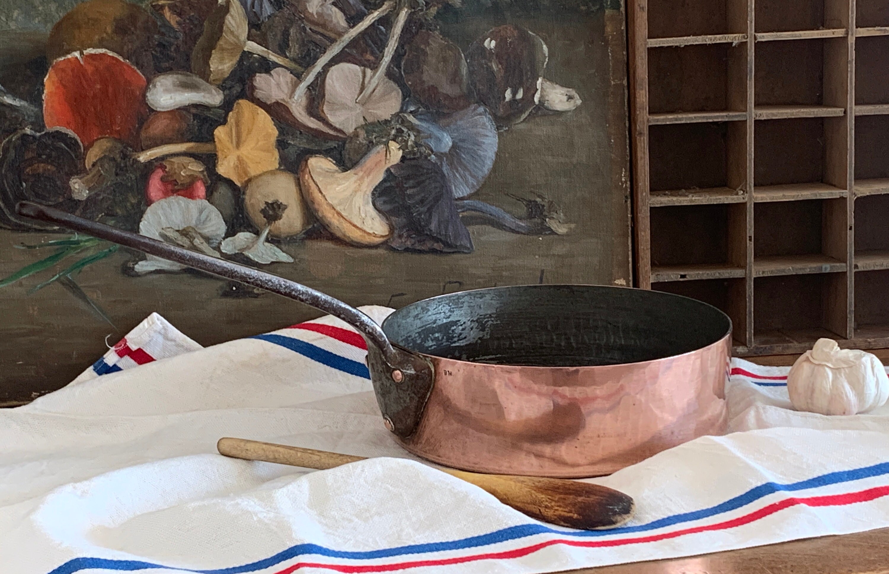 Poêle à Sautée en Cuivre Martelé Français Vintage