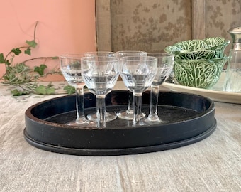 Set of 6 Antique French Liqueur Glasses: Engreved Glasses Toasting Aperitif