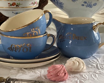 Ensemble de tasses et soucoupes bleues vintage Villeroy & Boch, tasses à thé et crémier Toi et Moi, tasses à thé ou à café Mid-Century