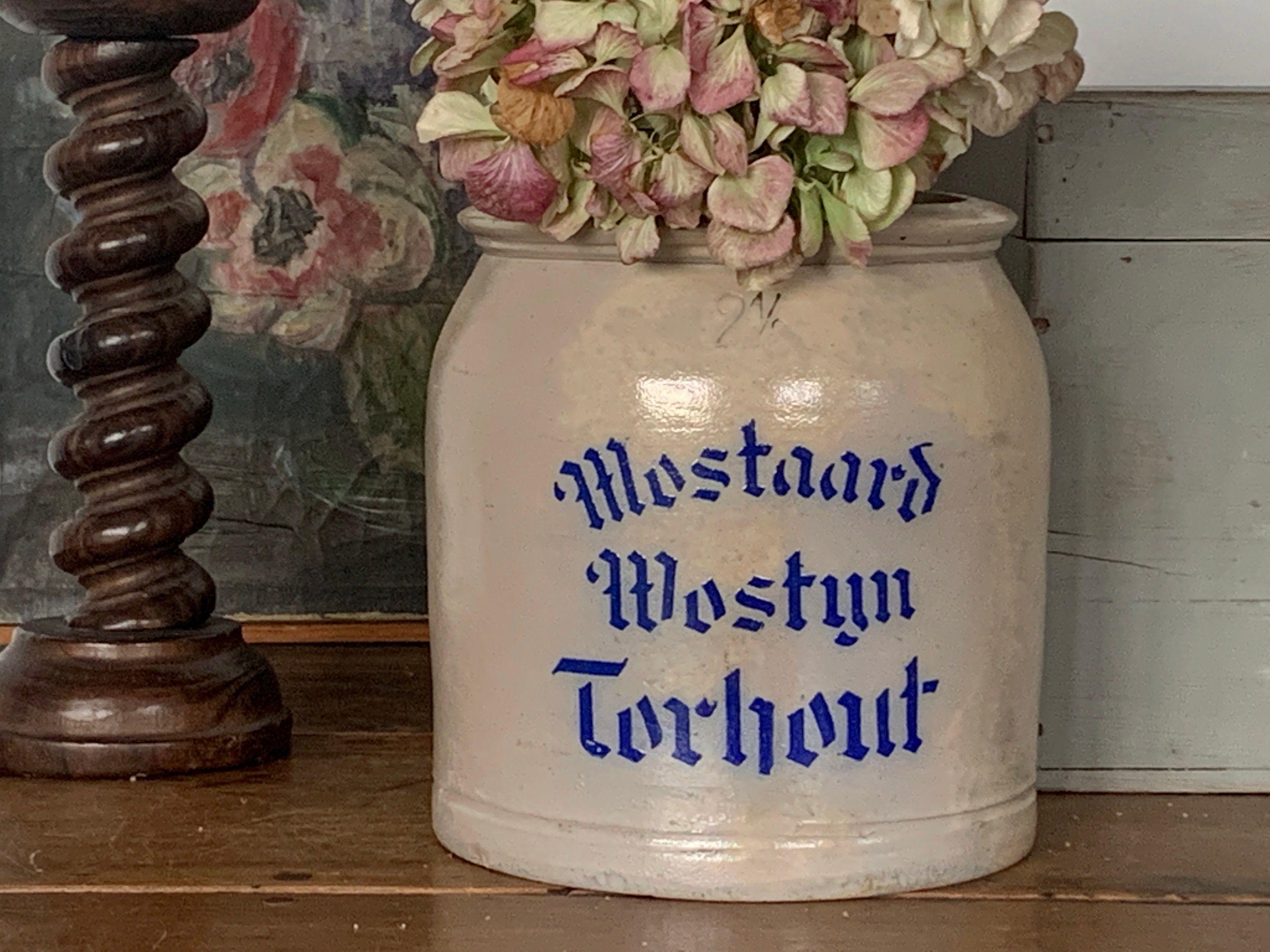 Grès Antique Moutarde Gris Pot Vintage Poterie Hollandaise Émaillé