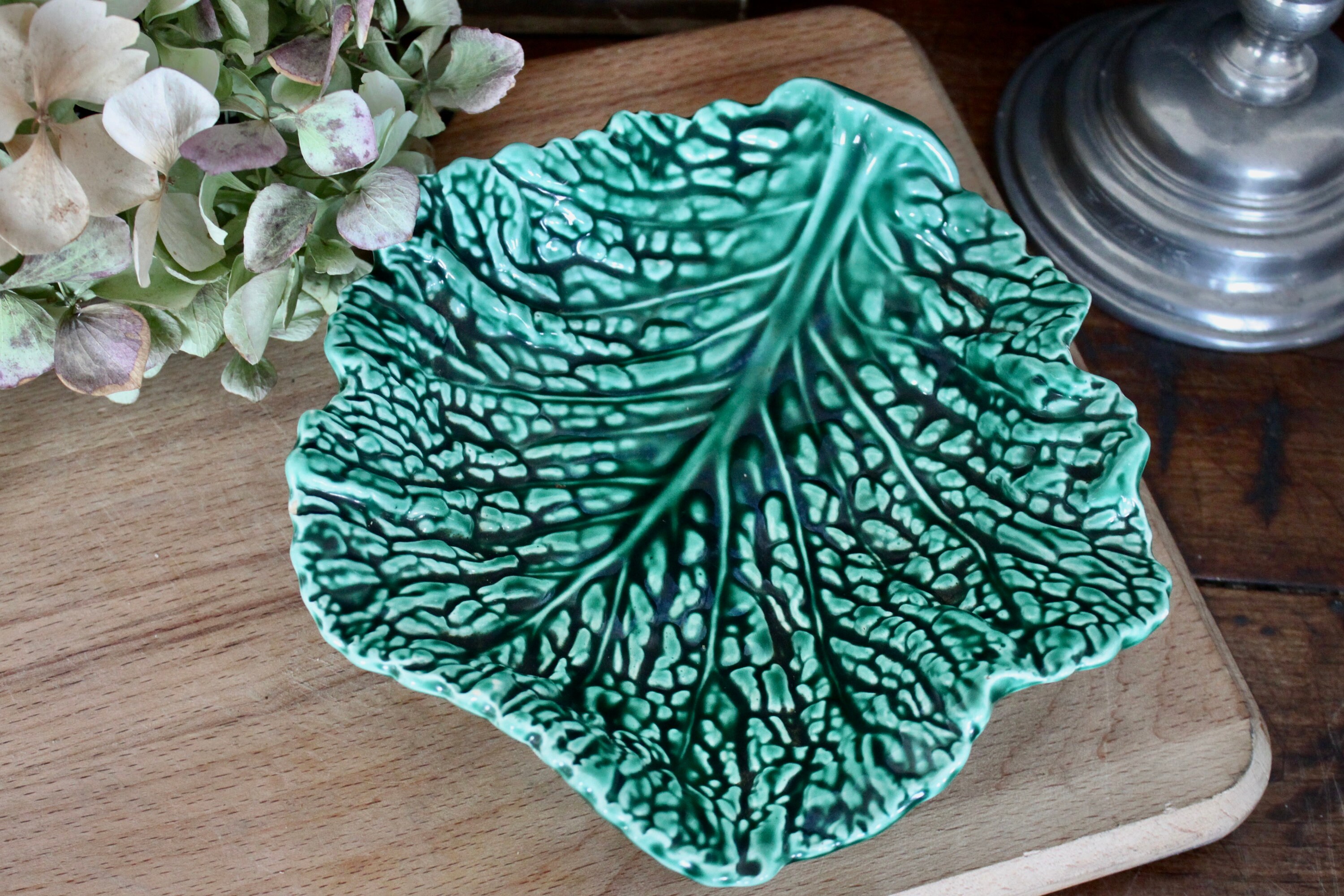 Antique Français Assiette de Chou en Majolique Verte Sarreguemines Chou Vert Plat Service