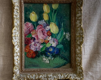 Antikes Französisches Öl Auf Leinwand Blumen In einer Vase Stillleben Blumenkunstmalerei