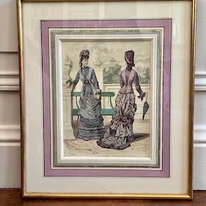 Vintage French Fashion Print: Antique Engraving with Gilt Frame