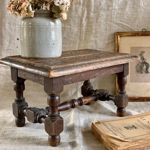 Antique French Wooden Footstool Turned Legs Hand Carved Rustic Display Stand