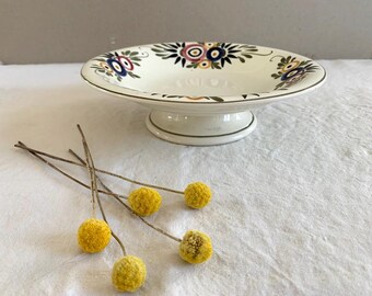 Suporte para bolo antigo francês Art Nouveau, compoteira floral policromada.