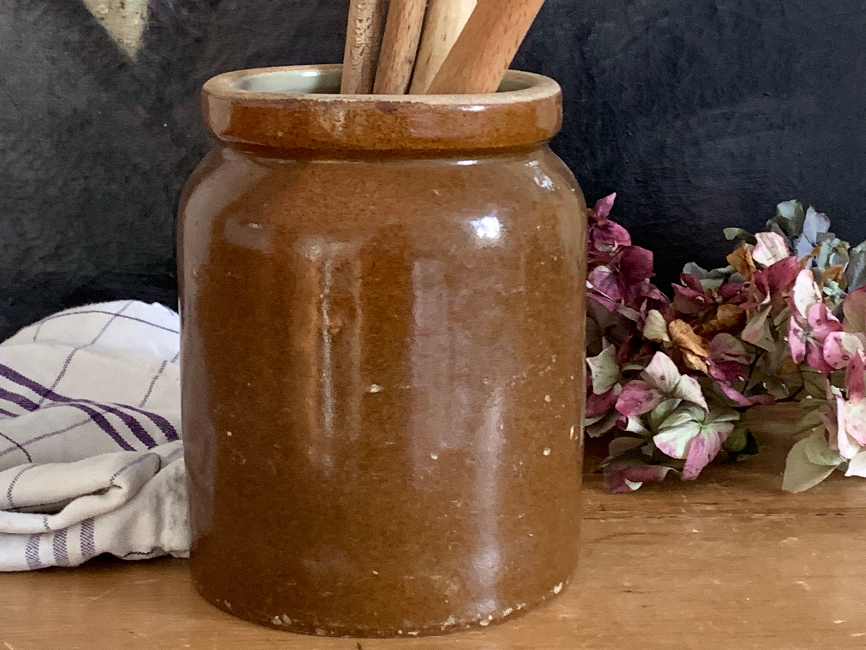 Antique Français en Grès Jarre Antique Primitif Crock Utencils Jar