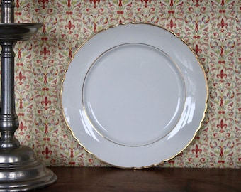 French Antique White Ironstone Moulin des Loups Plate White & Gold Plate
