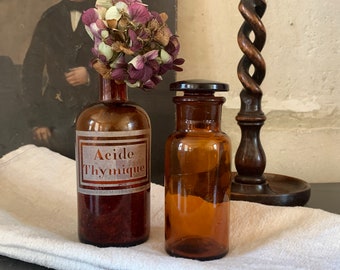 2 French Vintage Apothecary Bottles Old Amber Pharmacy Jars Cabinet of Curiosities French Home Decor
