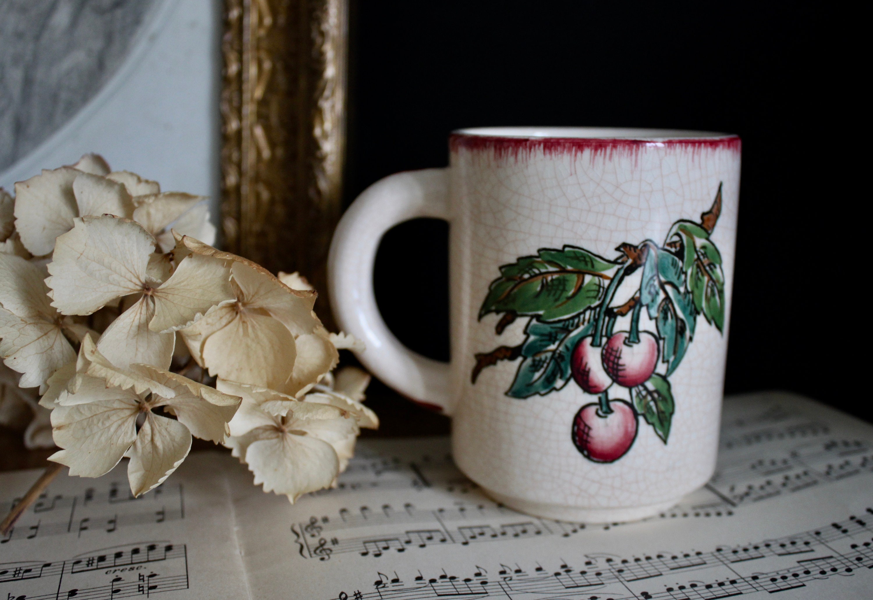 Français Tasse à Café Antique avec Des Cerises Longwy Bowl Red & Green Mug