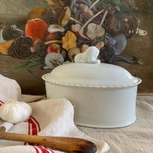 Vintage French Ironstone Terrine: Lion Lid, Scalloped Edge
