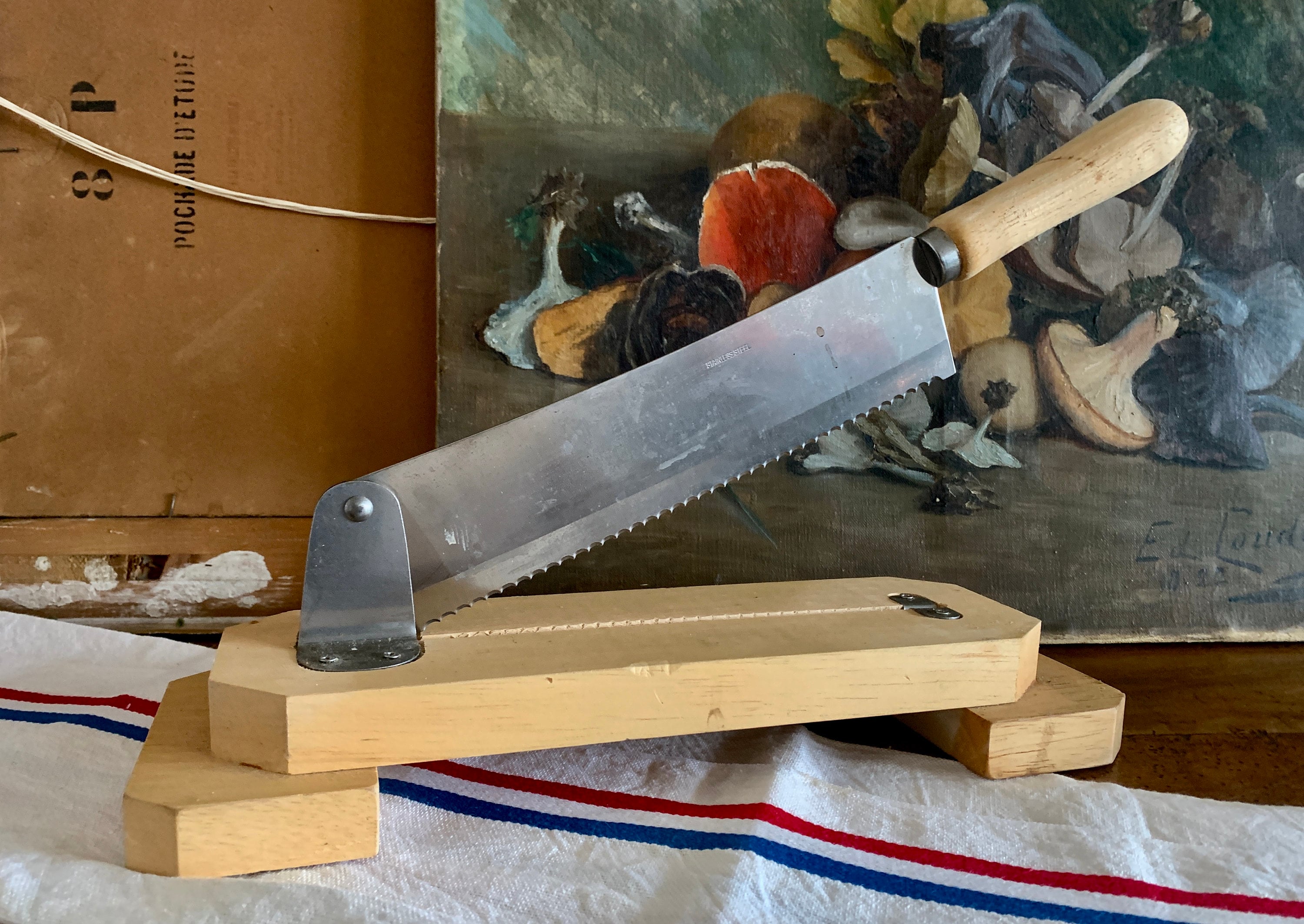 français antique couteau à pain en bois primitif français charnière guillotine trancheuse professionnel