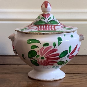Antique French Lidded Soup Bowl: Floral Rocaille Handles, Les Islettes Style