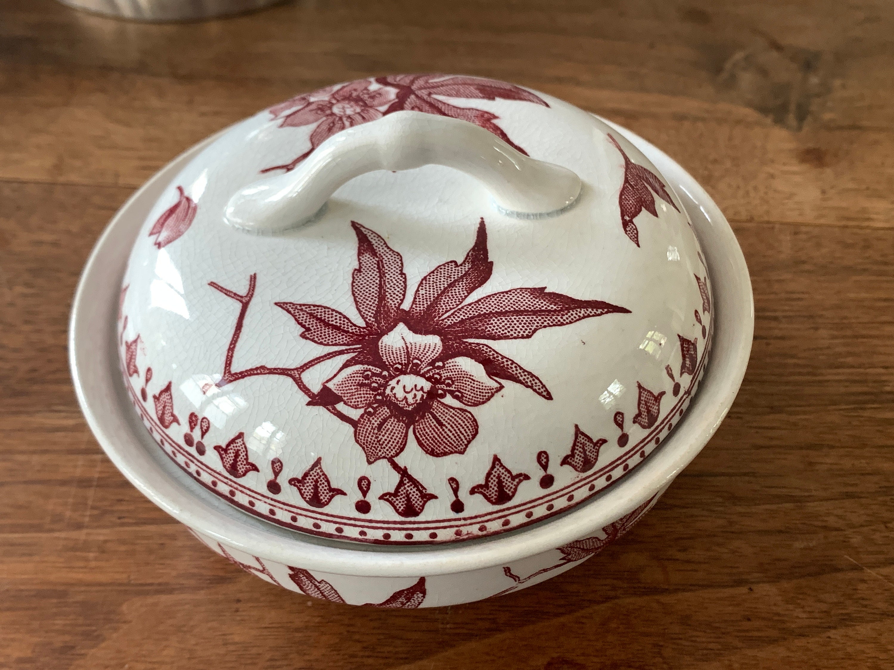 Vintage French Tureen With Lid Red Transferware Antique Bowl Etsy
