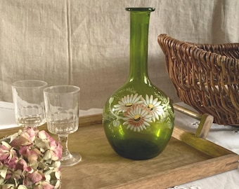 Antique French Green Glass Decanter: Enameled Daisy Wine Carafe